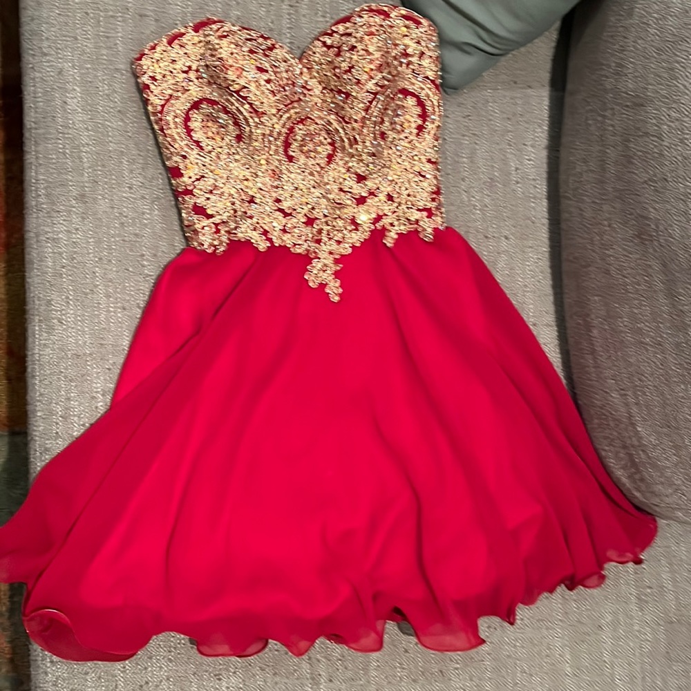 Mini Red Prom Dress with Gold detail